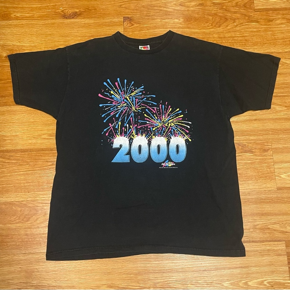 🎆 Vintage Fruit of the Loom New Years 2000 Fireworks Tee, Black, Extra Large